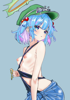 1girl blue_eyes blue_hair breasts green_hat hat highres kawashiro_nitori key ribs simple_background small_breasts soara_shimomo touhou