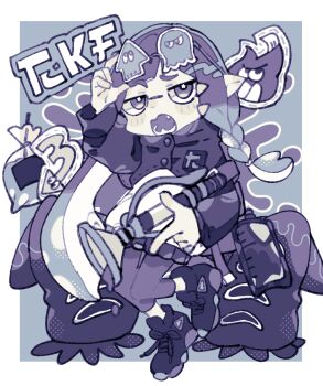 Rule 34 | 1girl, black jacket, black shoes, blue background, blush stickers, border, braid, commentary request, eyewear on head, full body, grey pants, holding, holding weapon, inkling girl, inkling player character, jacket, long hair, long sleeves, looking at viewer, monochrome, nintendo, notamaru 2, open mouth, outside border, pants, purple eyes, purple hair, shoes, simple background, sneakers, solo, splatoon (series), sploosh-o-matic (splatoon), standing, weapon, white border