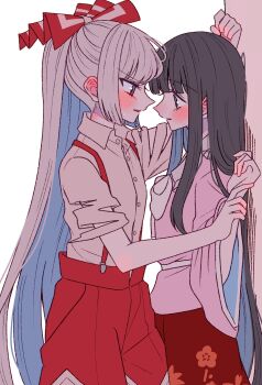 2girls blush bow bowtie brown_hair collared_shirt commentary_request eye_contact fujiwara_no_mokou grey_hair grey_shirt hair_bow highres holding_another's_wrist houraisan_kaguya kabedon long_hair long_sleeves looking_at_another multiple_girls ofuda ofuda_on_clothes open_mouth pants pink_shirt red_eyes red_pants red_skirt shirt skirt suspenders tamiko_(tamik0224) torn_clothes torn_sleeves touhou very_long_hair white_bow white_bowtie wide_sleeves yuri