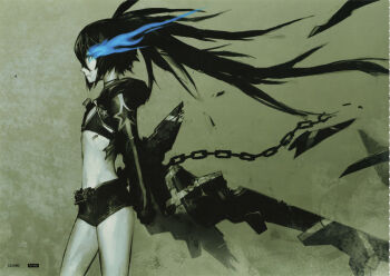 absurdres barcode barcode_tattoo belt bikini bikini_top_only black_hair black_rock_shooter black_rock_shooter_(character) black_rock_shooter_(game) black_shorts blue_fire chain fire flaming_eye flat_chest glowing glowing_eye highres huke incredibly_absurdres long_hair mechanical_wings no_shirt official_art pale_skin production_art short_shorts shorts stella_(black_rock_shooter) swimsuit tattoo twintails uneven_twintails wings