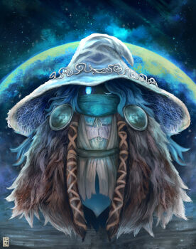 1girl absurdres blue_hair blue_scarf cape cosplay crossover drawcia dress elden_ring full_moon fur_cape hat highres kirby_(series) kirby:_canvas_curse long_hair looking_at_viewer moon nintendo no_humans one_eye_closed ranni_the_witch ranni_the_witch_(cosplay) scarf solo space star_(sky) uchi_vs_the_world watermark white_hat witch witch_hat