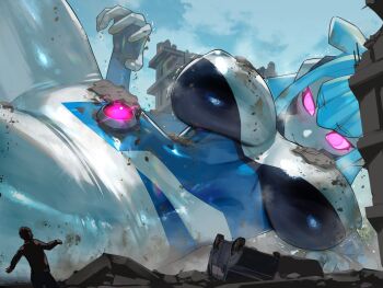 askr_(men_tai_ko) blue_hair bodysuit breasts building car covered_erect_nipples destruction dirty dust fallen_down giant giantess hand_up highres large_breasts long_hair lying mini_person motor_vehicle navel original pink_eyes rubble tokusatsu