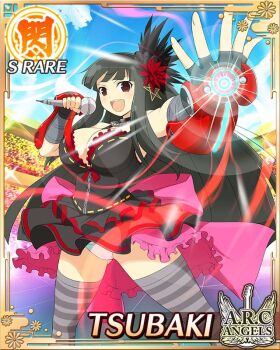 1girl :d audience aura black_dress black_hair border breasts card_(medium) character_name cleavage day dress english_text game_cg gauntlets gluteal_fold hair_ornament hime_cut holding holding_microphone large_breasts long_hair looking_at_viewer microphone music official_alternate_costume official_art open_mouth panties red_eyes senran_kagura senran_kagura_new_wave singing sky smile solo speaker stage striped_clothes striped_thighhighs thighhighs tsubaki_(senran_kagura) underwear weaponized_instrument white_panties wind wind_lift