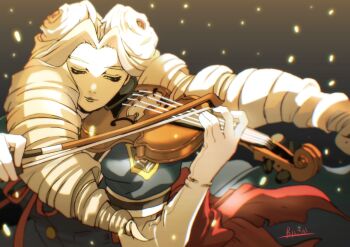 Rule 34 | 1girl, blue dress, burning isaka, commentary request, dress, drill hair, elbow gloves, gloves, green eyes, highres, holding instrument, holding violin, instrument, justice gakuen, kirishima yurika, moero! justice gakuen, music, playing instrument, red ribbon, ribbon, signature, solo, twin drills, violin, white gloves, white hair