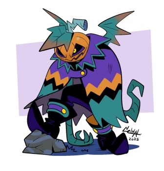 black_boots boot_straps boots cape commentary contrapposto gradient_wings grass green_cape green_wings halloween jack-o&#039;-lantern long_arms long_sleeves looking_at_viewer male_focus multicolored_cape multicolored_wings nelnal on_rock open_mouth orange_cape orange_wings original pumpkin purple_cape simple_background solo symbol-only_commentary wings yellow_eyes