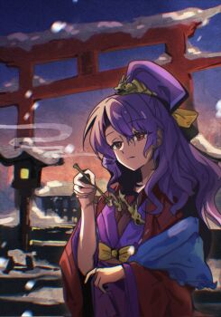 Rule 34 | 1girl, commentary request, dragon hair ornament, gradient sky, high ponytail, highres, holding, holding smoking pipe, house, japanese clothes, jyjmekou, kimono, komakusa sannyo, layered kimono, outdoors, ponytail, purple hair, purple kimono, purple sky, red eyes, red kimono, sky, smoking pipe, snowing, solo, torii, touhou, upper body, wide sleeves