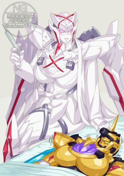 2girls absurdres artificial_eye black_helmet blush breasts colored_skin doctor glasses gold_skin helmet highres hospital looking_at_another lying mecha mechanical_wings multiple_girls no.1_sentai_gozyuger otokamu purple_eyes queen_tegajune robot super_sentai tega_sword_black tokusatsu unicorn white_skin wings yellow_eyes