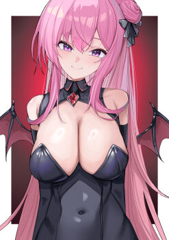 1girl absurdres bare_shoulders black_dress black_ribbon blush breasts cleavage closed_mouth commentary covered_navel demon_wings dorothy_(nikke) dress goddess_of_victory:_nikke hair_between_eyes hair_bun hair_ribbon highres korean_commentary large_breasts long_hair looking_at_viewer pink_eyes pink_hair red_background red_wings ribbon seoly_ouo single_hair_bun smile solo white_background wings