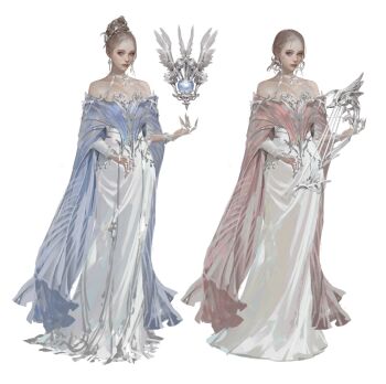 Rule 34 | 2girls, bare shoulders, breasts, brown eyes, brown hair, capelet, commentary request, concept art, dress, earrings, hair bun, highres, jewelry, jkml, korean commentary, multiple girls, necklace, original, red lips, standing, white background, white dress