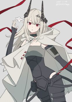 1girl 55555may absurdres arknights arm_up black_gloves black_horns cloak commentary cowboy_shot dated elbow_gloves fingerless_gloves gloves grey_background grey_cloak grey_hair hair_between_eyes highres hood hood_down hooded_cloak horns infection_monitor_(arknights) long_hair looking_at_viewer mudrock_(arknights) mudrock_(rubble)_(arknights) official_alternate_costume parted_lips pointy_ears pouch red_eyes red_ribbon ribbon simple_background solo standing twitter_username