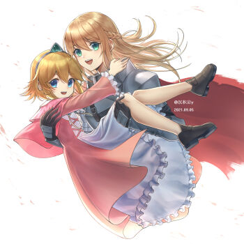 2girls armor black_boots blonde_hair blue_eyes boots braid cape carrying chenjiyan_y commentary_request cropped_legs dress female_knight_(guardian_tales) green_eyes guardian_tales highres little_princess_(guardian_tales) looking_at_viewer multiple_girls open_mouth pink_dress princess_carry red_cape short_hair simple_background tiara white_background