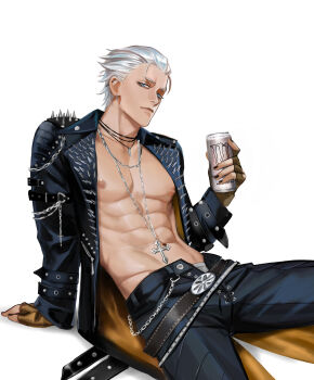 1boy abs absurdres belt black_belt black_choker black_jacket black_nails black_pants blue_eyes brown_gloves chain chain_necklace choker closed_mouth commentary cowboy_shot cross cross_necklace devil_may_cry devil_may_cry_(series) devil_may_cry_3 ear_piercing earrings english_commentary eyebrow_piercing face_piercing fingerless_gloves gloves hand_up henoopd highres holding_bun invisible_chair jacket jewelry lips looking_at_viewer male_focus monster_energy navel necklace nipples nose open_clothes open_fly open_jacket pants pectorals piercing short_hair simple_background sitting solo spiked_jacket toned toned_male vergil_(devil_may_cry) white_background white_hair white_pants zipper