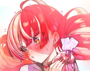 Rule 34 | 1girl, ahoge, averting eyes, bag, black nails, blush, choker, colored skin, commentary, double bun, ear blush, embarrassed, english commentary, flying sweatdrops, grey skin, hair between eyes, hair bun, heart, heart choker, heterochromia, holding, holding bag, hololive, hololive indonesia, kghazir, kureiji ollie, long hair, mismatched pupils, multicolored hair, multicolored skin, nose blush, open mouth, orange eyes, patchwork skin, portrait, purple skin, red hair, simple background, solo, stitched face, stitches, streaked hair, symbol-shaped pupils, virtual youtuber, white hair, white skin, x-shaped pupils