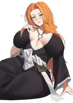 1girl absurdres arm_support badge black_kimono bleach blue_eyes blush breasts breasts_apart chain chain_necklace eyelashes feet_out_of_frame female_focus fukutaichou_badge grin hand_on_own_chest heart highres huge_breasts japanese_clothes jewelry kimono leaning_to_the_side long_hair matsumoto_rangiku mole mole_under_mouth necklace orange_hair shihakusho simple_background sitting smile solo teeth weaselpot white_background