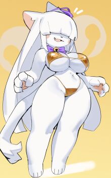 1girl animal_ears animal_feet arms_at_sides bikini breasts cat_ears cat_girl cat_tail covered_eyes curvy fang full_body gold_bikini highres large_breasts long_hair open_mouth original purple_ribbon ribbon second-party_source simple_background solo stella_(desideriumheart) swimsuit tail thick_thighs thighs very_long_hair wamudraws white_fur white_hair