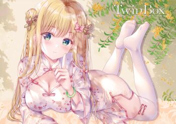 Rule 34 | 1girl, blonde hair, blush, bow, bracelet, breasts, cleavage, closed mouth, commentary request, double bun, dress, flower, green eyes, hair bow, hair bun, hair ornament, hanahanamaki, highres, inagaki minami, jewelry, large breasts, leaf, long hair, long sleeves, looking at viewer, pink bow, solo, sousouman, thighhighs, twinbox school, white dress, white thighhighs