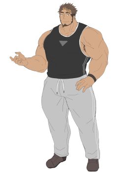 1boy absurdres armpit_hair armpit_hair_peek bara beard black_male_underwear black_tank_top brown_hair bulge facial_hair hand_up highres introduction jockstrap large_pectorals leoandaslan_(leobongnana) light_brown_hair looking_at_viewer male_focus male_underwear mature_male multicolored_hair muscular muscular_male original pants pectorals short_hair sleeveless smile solo sparse_chest_hair standing streaked_hair sylvan_(leoandaslan) tank_top thick_eyebrows track_pants underwear