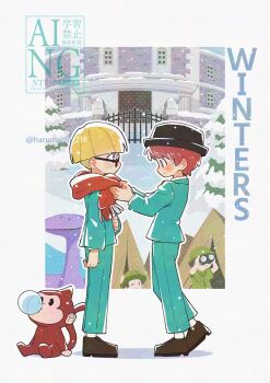 Rule 34 | 2boys, black-framed eyewear, black eyes, black hat, blonde hair, blue pants, blush, bright pupils, brown eyes, brown hair, brown shoes, bubble monkey, closed mouth, commentary, english commentary, freckles, glasses, haru-cho, hat, highres, jeff andonuts, long sleeves, male focus, mother (series), mother 2, multiple boys, nintendo, pants, red scarf, scarf, shoes, smile, snow, snowing, tessie (mother 2), tony (mother 2), twitter username, white pupils