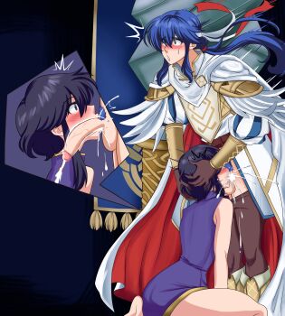 Rule 34 | 1boy, 1girl, :o, absurdres, black hair, blue hair, blush, clothes down, commission, commissioner upload, cum, cum in mouth, cum in throat, cum overflow, cut-in, deepthroat, fellatio, fire emblem, fire emblem: genealogy of the holy war, fire emblem heroes, grabbing another's hair, hand on another's head, hands on another's head, head grab, hetero, highres, holding another's hair, kneeling, larcei (fire emblem), long hair, male pubic hair, nintendo, non-web source, open mouth, oral, penis, pillar, pubic hair, rs40uchiha, seliph (fire emblem), short hair, simple background, uncensored, wide-eyed, x-ray