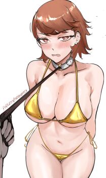 1girl 1other bikini blush breasts brown_eyes brown_hair collarbone embarrassed gold_bikini heart large_breasts looking_at_viewer nero_watch persona persona_3 short_hair swimsuit takeba_yukari
