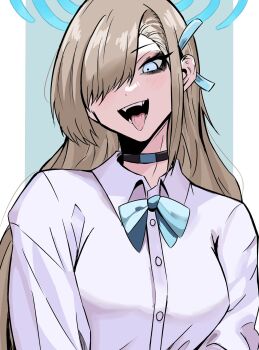 1girl asuna_(blue_archive) asuna_(school_uniform)_(blue_archive) asymmetrical_bangs blue_archive blue_bow blue_bowtie blue_eyes blue_halo blue_ribbon blush bow bowtie breasts button_gap hair_over_one_eye halo highres large_breasts long_hair looking_at_viewer loose_bowtie mole mole_on_breast nagai_negi ribbon school_uniform shirt smile very_long_hair white_shirt