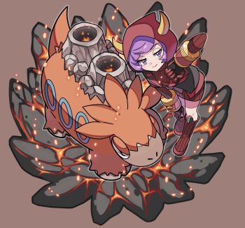 1girl boots brown_background camerupt closed_mouth commentary_request courtney_(pokemon) dress eyelashes fake_horns gen_3_pokemon gloves half-closed_eyes highres hood hood_up horned_headwear horns knees logo nintendo pokemon pokemon_(creature) pokemon_oras purple_eyes purple_hair red_dress ribbed_dress short_hair smile stchame team_magma team_magma_uniform