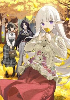 3girls bag black_hair black_shirt black_shoes brown_background cover_image curtained_hair elf falling_leaves grey_pants high-waist_skirt highres holding holding_bag leaf long_hair long_sleeves looking_at_viewer mariabelle_(elf-san) multiple_girls nihon_e_youkoso_elf-san. pants plaid_clothes plaid_skirt pointy_ears purple_eyes red_skirt shirt shoes short_hair skirt white_hair white_shirt yappen yellow_leaves yellow_shirt