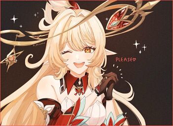 Rule 34 | 1girl, alice (genshin impact), blonde hair, blush, breasts, clover print, cowlick, dark background, detached sleeves, elf, english text, gem, genshin impact, gloves, heart, heart-shaped gem, jewelry, long hair, looking at viewer, medium breasts, miccono, one eye closed, open mouth, own hands clasped, own hands together, pointy ears, red sleeves, simple background, smile, sparkle, teeth, upper teeth only