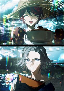 2boys :d ^_^ absurdres ahoge aizendai aotsuki_eito blue_eyes chinese_commentary closed_eyes commentary_request cooking_pot film_grain glasses grey_hair hat highres holding holding_cooking_pot holding_notebook looking_at_viewer looking_over_eyewear male_focus multicolored_hair multiple_boys notebook open_mouth oven_mitts red_hair shirt short_hair smile split_screen straw_hat streaked_hair sumino_takumi the_hundred_line_-last_defense_academy- watermark white_shirt