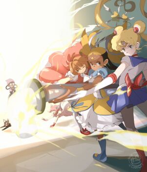 5girls aika_(kiana_mai) bishoujo_senshi_sailor_moon black_cat blonde_hair cardcaptor_sakura cat crossover dark-skinned_female dark_skin dress highres hoshi_(kiana_mai) i_don't_want_to_be_a_magical_girl kero_(cardcaptor_sakura) kinomoto_sakura kinomoto_sakura_(magician) luna_(sailor_moon) magical_girl mew_ichigo momomiya_ichigo multiple_crossover multiple_girls sailor_moon sailor_senshi sailor_senshi_uniform star_guardian:_guardian_of_the_stars startboii tokyo_mew_mew tsukino_usagi zira_(kiana_mai)