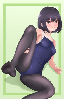 Rule 34 | 1girl, akippoi 0919, barefoot, black hair, black pantyhose, blue one-piece swimsuit, breasts, brown eyes, commentary request, competition school swimsuit, covered navel, feet out of frame, green background, highres, leg up, one-piece swimsuit, original, pantyhose, pantyhose under swimsuit, school swimsuit, short hair, small breasts, solo, swimsuit, two-tone background