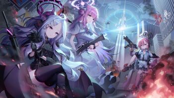 3girls absurdres adjusting_clothes adjusting_gloves aircraft apron bare_legs black_dress black_gloves black_skirt blue_archive braid breasts building capelet clothes_pull collared_shirt crossed_legs demon_girl demon_horns demon_wings dragon_print dress earrings expressionless fire floral_print frilled_skirt frills full_body gloves grin gun hair_between_eyes hair_bun hair_ornament hairclip halo hand_up helicopter highres hina_(blue_archive) holding holding_gun holding_weapon horns jacket jacket_pull jewelry knee_up leg_up legs lemonpear long_dress long_hair looking_at_viewer maid_apron maid_headdress medium_breasts medium_hair messy_hair mika_(blue_archive) miniskirt multiple_girls neru_(blue_archive) off_shoulder open_clothes open_jacket orange_eyes orange_hair outdoors pink_hair purple_eyes red_eyes shirt short_dress sig_mpx single_braid single_side_bun sitting skindentation skirt skyscraper slit_pupils small_breasts smile submachine_gun sukajan thighhighs thighs upskirt very_long_hair weapon white_apron white_capelet white_dress white_hair white_shirt wings yellow_eyes