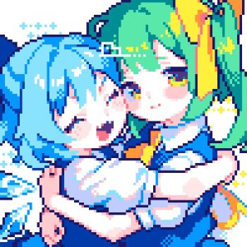 2girls ahiru_tokotoko ascot blue_bow blue_dress blue_hair blue_skirt blue_vest blush bow cirno closed_mouth commentary_request daiyousei detached_wings dress fairy fairy_wings green_eyes green_hair hair_bow hug ice ice_wings long_hair looking_at_viewer multiple_girls open_mouth pinafore_dress pixel_art puffy_short_sleeves puffy_sleeves short_sleeves skirt sleeveless sleeveless_dress smile touhou vest wings yellow_ascot yellow_bow yuri
