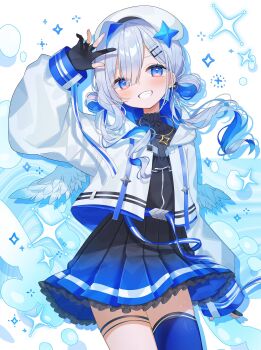 Rule 34 | 1girl, amane kanata, amane kanata (work), arm up, asymmetrical legwear, belt, black dress, black gloves, black skirt, blue belt, blue hair, blue skirt, blue thighhighs, blush, colored inner hair, commentary request, dress, fuinagi (huyuu mm), gloves, gradient clothes, gradient skirt, gradient wings, grey hair, hair between eyes, hair ornament, hairclip, halo, high collar, highres, hololive, jacket, jewelry, long hair, long sleeves, looking at viewer, low twintails, mismatched legwear, multicolored hair, multicolored wings, necklace, official alternate costume, official alternate hair length, official alternate hairstyle, partially fingerless gloves, pleated skirt, purple eyes, single hair intake, single thighhigh, skirt, solo, star (symbol), star halo, star necklace, streaked hair, teeth, thighhighs, twintails, uneven legwear, virtual youtuber, white jacket, white wings, wings