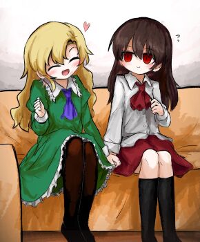 Rule 34 | 2girls, ascot, black shoes, black socks, blonde hair, blue ascot, brown hair, closed eyes, collar, couch, dress, flying sweatdrops, frilled dress, frilled shirt collar, frills, green dress, heart, heripantomorrow, holding hands, ib (ib), ib (kouri), mary (ib), multiple girls, on couch, pantyhose, puffy sleeves, red ascot, red eyes, red skirt, shirt, shoes, sitting, skirt, smile, socks, white collar, white shirt
