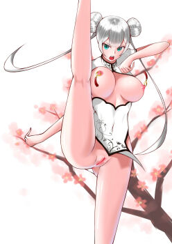 1girl blue_eyes breasts breasts_out china_dress chinese_clothes cleavage_cutout cleft_of_venus clothing_cutout derivative_work double_bun dress female_focus functionally_nude hair_bun high_kick highres kicking kneepits large_breasts long_hair martial_arts nipple_piercing nipple_rings nipples no_panties open_mouth piercing pussy recolor revealing_clothes scene_reference simple_background solo split standing standing_on_one_leg standing_split twintails uncensored very_long_hair vvv_(vvv98048917) white_hair