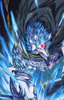 black_cloak blue_fire blue_fur body_fur cloak digimon digimon_(creature) fenriloogamon fire forehead_jewel highres no_humans sin_seishun solo wolf