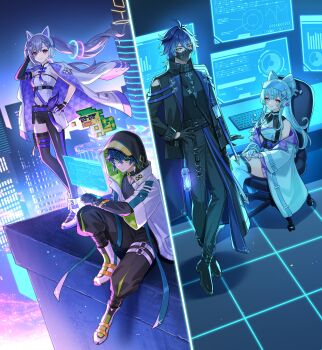 Rule 34 | 2boys, 2girls, absurdres, amaichi esora, asymmetrical gloves, asymmetrical legwear, black gloves, black pantyhose, black thighhighs, blue hair, closed mouth, crossed legs, elbow gloves, fingerless gloves, flins (genshin impact), flins (parallels meet) (genshin impact), genshin impact, gloves, highres, hoyofair, indoors, jacket, jacket on shoulders, keqing (genshin impact), kinich (genshin impact), kinich (parallels meet) (genshin impact), long hair, looking at viewer, multiple boys, multiple girls, official art, open clothes, open jacket, outdoors, pantyhose, purple hair, shoes, sitting, smile, standing, thighhighs, twintails, uneven gloves, uneven legwear, white gloves, white shoes, white thighhighs, yumemizuki mizuki, yumemizuki mizuki (parallels meet)