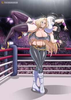 2023 2girls abs absurdres ahoge arms_up artist_name assertive_female bandeau black_bra black_choker black_hair black_jacket black_pants blue_eyes blunt_bangs blush boots bra breasts carrying carrying_over_shoulder carrying_person chain choker cleavage commentary commission constricted_pupils cropped_jacket crotch_rub english_commentary eyebrows_hidden_by_hair eyeliner female_focus floating_hair fugubarakun gold_chain grabbing_another&#039;s_breast grin groping hexagon_print high_heel_boots high_heels highres huge_breasts indoors jacket krystal_(killerkrystal64) leather leather_belt leather_pants leotard long_hair makeup midriff multiple_girls muscular muscular_female one_eye_closed open_mouth original pants parted_bangs purple_lips purple_nails purple_thighhighs purple_trim ryona shadow smile stage_lights standing straight_hair thick_thighs thigh_high_boots thighhighs thighs underwear unmoving_pattern vambraces white_boots white_leotard wide-eyed wink wrestling wrestling_outfit wrestling_ring yellow_eyes yellow_trim ying_tao_(grapplergoddess)