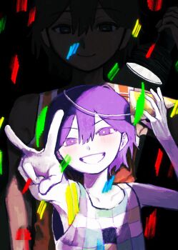 2boys :d arm_up bare_arms bare_shoulders behind_another black_background black_eyes black_hair blush bright_pupils checkered_clothes checkered_shirt closed_mouth collarbone colored_skin commentary confetti dark-skinned_male dark_skin double-parted_bangs dual_persona english_commentary foreshortening grin hair_behind_ear hair_between_eyes happy_birthday hat highres kel_(faraway)_(omori) kel_(headspace)_(omori) kel_(omori) looking_at_viewer madai_(si_202) male_focus multiple_boys omori open_mouth orange_tank_top party_hat purple_eyes purple_hair shirt short_hair simple_background sleeveless sleeveless_shirt smile straight-on striped_hat tank_top upper_body v white_pupils white_skin yellow_hat