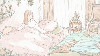 1girl alarm_clock basket bed brown_hair cable cellphone clock closed_eyes commentary_request controller curtains cushion highres incense indoors long_hair long_sleeves mirror no_mouth original phone pillow plant port_(portzzz) remote_control shirt smartphone solo table television under_covers vase video_thumbnail waking_up white_shirt window wooden_floor wooden_table