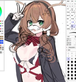 Rule 34 | 1girl, antlers, arm up, bikini, bisaytin, black bikini, breasts, brown hair, checkered ribbon, christmas, fake facial hair, fake mustache, girls' frontline, highres, horns, howa type 89 (girls' frontline), howa type 89 (reindeer manifesto) (girls' frontline), jacket, official alternate costume, open clothes, open jacket, open mouth, painttool sai, reindeer antlers, santa bikini, santa costume, sketch, solo, swimsuit, twintails, upper body, v