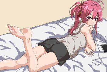 1girl antenna_hair assault_lily bare_arms bare_shoulders barefoot black_shorts blush breasts cable cellphone closed_mouth commentary foot_out_of_frame from_behind grey_shirt hair_between_eyes hair_ornament hand_on_own_chin hat hat_ribbon head_rest hood hood_down hooded_shirt indoors leg_up long_hair looking_at_viewer looking_back lying medium_breasts mototenn nagasaka_maho on_bed on_stomach phone pillow pink_eyes pink_hair red_ribbon ribbon shadow shirt shorts side_ponytail sleeveless sleeveless_shirt smartphone smile soles solo tassel tassel_hair_ornament yellow_ribbon