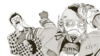 2026 2boys armor artist_name benny_(fallout:_new_vegas) blood blood_on_face broken_eyewear bullet_hole bulletproof_vest checkered_clothes closed_eyes commentary courier_(fallout:_new_vegas) dated duster english_commentary fallout fallout:_new_vegas formal_clothes gas_mask gloves greyscale helmet highres mask meme monochrome multiple_boys naoya_hitting_choso_without_looking_(meme) ncr_veteran_ranger necktie nosebleed phelix_kelvin pip_boy punching single_vambrace suit vambraces wrist_computer