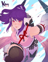 Rule 34 | 1girl, artist name, au ra, black thighhighs, detached sleeves, dragon horns, dragon tail, dual wielding, final fantasy, final fantasy xiv, highres, holding, holding weapon, horns, japanese clothes, koyorin, lips, long hair, looking at viewer, ninja, ponytail, purple hair, red eyes, scales, solo, tail, thighhighs, warrior of light (ff14), weapon