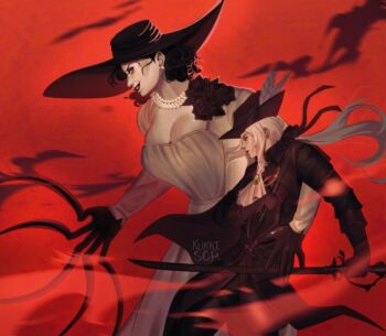 2girls alcina_dimitrescu ascot black_flower black_rose bloodborne claws corsage earrings flower fromsoftware gem hat hat_feather jewelry khessamaya lady_maria_of_the_astral_clocktower mature_female multiple_girls pale_skin pearl_earrings rakuyo_(bloodborne) resident_evil resident_evil_village rose sun_hat tall_female tricorne white_ascot white_hair