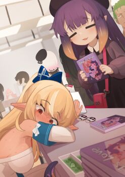 2girls =_= absurdres bag blonde_hair blue_bow blush book bow breasts closed_eyes commentary dark-skinned_female dark_elf dark_skin detached_sleeves elf embarrassed english_commentary gradient_hair hair_bow hat highres holding holding_book hololive hololive_english large_breasts long_hair long_sleeves manga_(object) mole mole_under_eye multicolored_hair multiple_girls nanachides ninomae_ina'nis ninomae_ina'nis_(casual) nose_blush official_alternate_costume open_mouth pink_bag pointy_ears ponytail pornography purple_hair red_eyes shiranui_flare shiranui_flare_(1st_costume) shoulder_bag sweat tentacle_hair virtual_youtuber white_sleeves