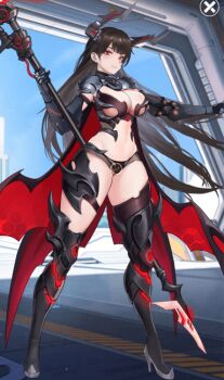 adrien_(idle_epic_angle_of_fate) animated animated_gif armor bikini bikini_armor black_bikini breasts cleavage demon_horns holding holding_scythe horns idle_epic_angel_of_fate large_breasts live2d long_hair non-web_source red_eyes scythe swimsuit thick_thighs thighs