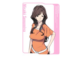 1girl black_skirt breasts brown_eyes brown_hair casual fukuda_tomonori full_body game_cg hair_over_shoulder large_breasts lipstick long_hair makeup mature_female official_art orange_shirt parted_bangs pencil_skirt red_lips robotics;notes science_adventure senomiya_misaki shiny_lips shirt skirt solo white_background