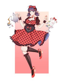 1girl alternate_costume black_socks block_heels blue_eyes blue_hair blueberry boots border bow breasts brown_choker brown_dress brown_wrist_cuffs character_name choker ci_an cleavage commentary cup decantering dress eyelashes floating food frilled_dress frills fruit full_body gradient_background hair_ornament hairband heart heart_choker heart_hair_ornament high_heels highres holding holding_food holding_teapot kneehighs lace_socks leg_up looking_at_viewer macaron marinette_dupain-cheng miraculous_ladybug outside_border polka_dot polka_dot_bow polka_dot_dress polka_dot_hairband red_background red_boots red_dress red_hairband short_dress short_sleeves small_breasts smile socks solo symbol-only_commentary teacup teapot teaspoon tray two-tone_dress white_border wrist_cuffs yellow_background